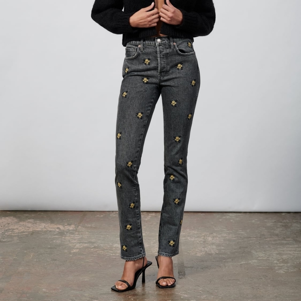 Zara slim full length jean black embroidered flowers size 10 new with tag